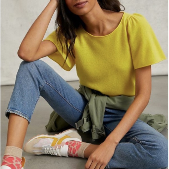 Yellow Anthropologie Maeve Cashmere Flutter Sleeve Sweater Top - Picture 5 of 6